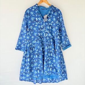 New RO'S GARDEN Deauville Short Dress Jacinta Blue Floral Print Cotton XL